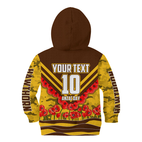 Personalised Hawthorn Hawks ANZAC Kid Hoodie Military Remembrance Australian Football Mascot Camouflage