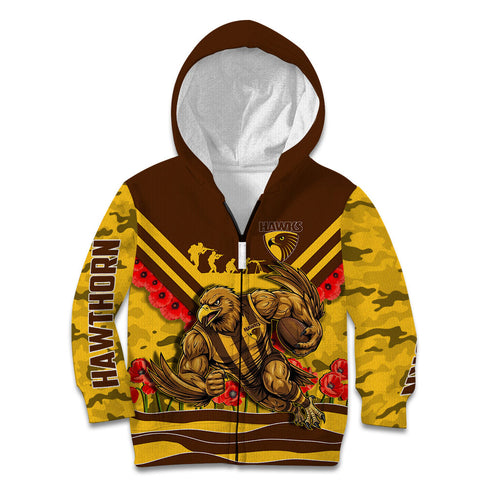 Personalised Hawthorn Hawks ANZAC Kid Hoodie Military Remembrance Australian Football Mascot Camouflage