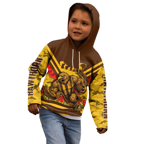 Personalised Hawthorn Hawks ANZAC Kid Hoodie Military Remembrance Australian Football Mascot Camouflage