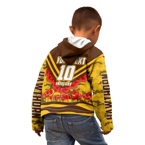 Personalised Hawthorn Hawks ANZAC Kid Hoodie Military Remembrance Australian Football Mascot Camouflage
