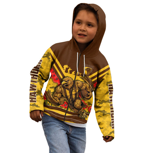 Personalised Hawthorn Hawks ANZAC Kid Hoodie Military Remembrance Australian Football Mascot Camouflage