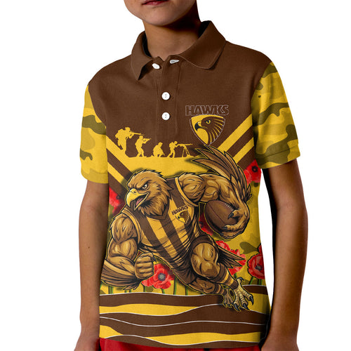 Personalised Hawthorn Hawks ANZAC Kid Polo Shirt Military Remembrance Australian Football Mascot Camouflage