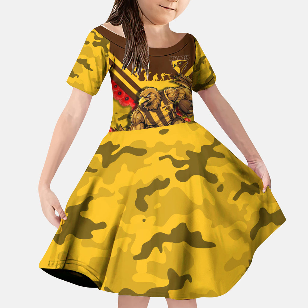Personalised Hawthorn Hawks ANZAC Kid Short Sleeve Dress Military Remembrance Australian Football Mascot Camouflage