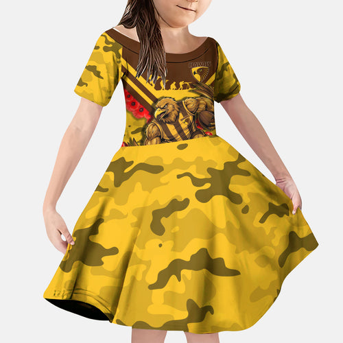 Personalised Hawthorn Hawks ANZAC Kid Short Sleeve Dress Military Remembrance Australian Football Mascot Camouflage