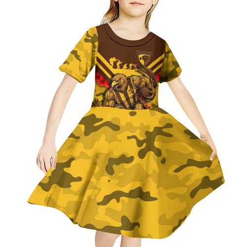 Personalised Hawthorn Hawks ANZAC Kid Short Sleeve Dress Military Remembrance Australian Football Mascot Camouflage