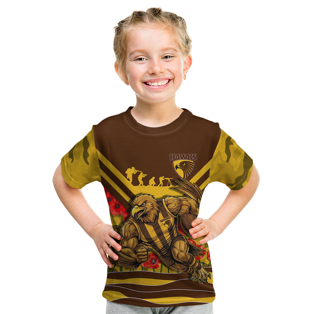 Personalised Hawthorn Hawks ANZAC Kid T Shirt Military Remembrance Australian Football Mascot Camouflage