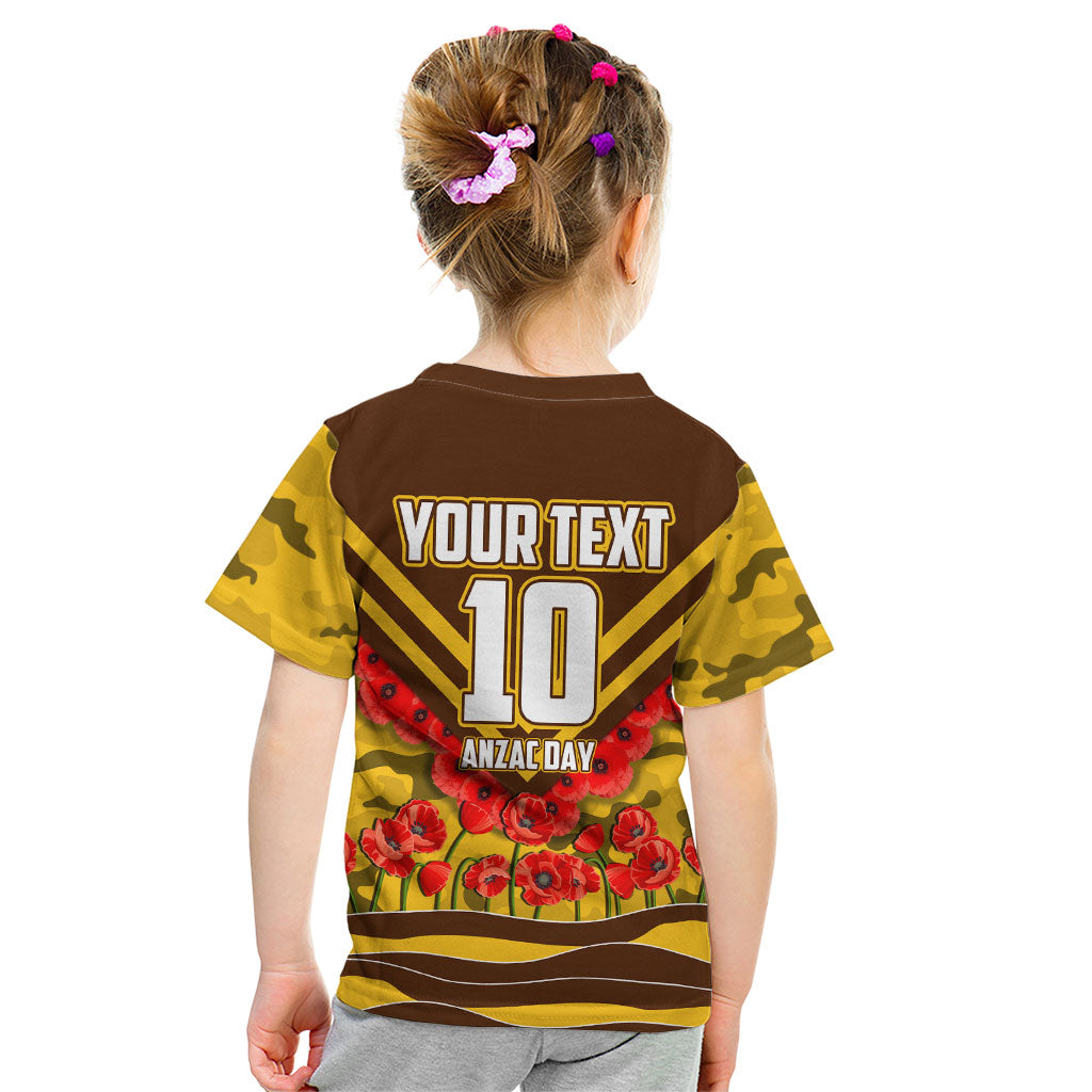 Personalised Hawthorn Hawks ANZAC Kid T Shirt Military Remembrance Australian Football Mascot Camouflage