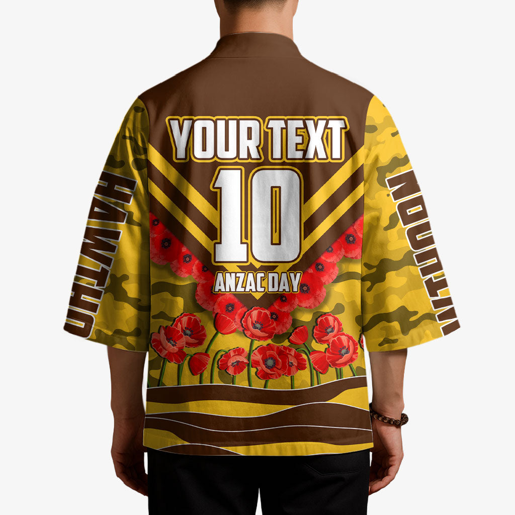 Personalised Hawthorn Hawks ANZAC Kimono Military Remembrance Australian Football Mascot Camouflage