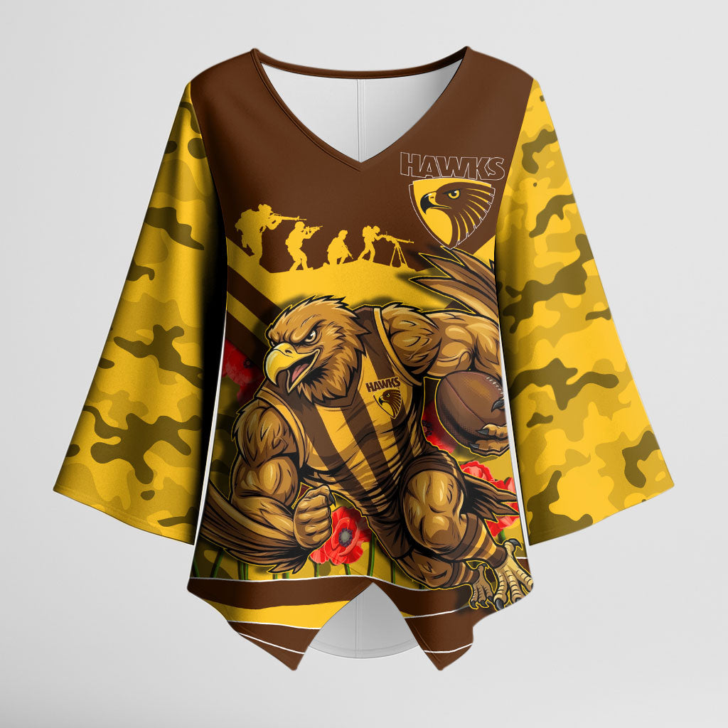Personalised Hawthorn Hawks ANZAC Kimono Sleeve Blouse Military Remembrance Australian Football Mascot Camouflage