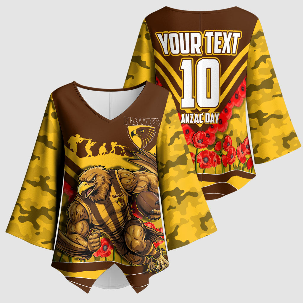 Personalised Hawthorn Hawks ANZAC Kimono Sleeve Blouse Military Remembrance Australian Football Mascot Camouflage