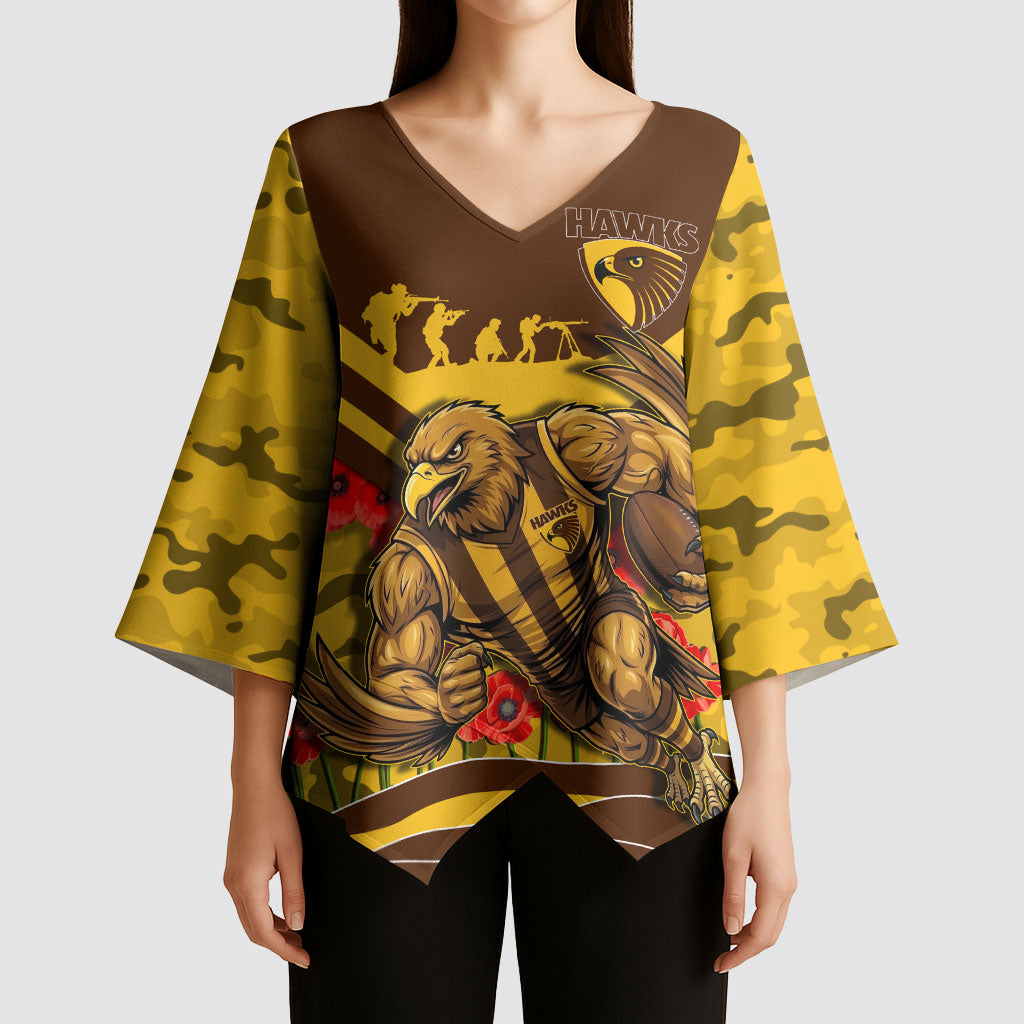 Personalised Hawthorn Hawks ANZAC Kimono Sleeve Blouse Military Remembrance Australian Football Mascot Camouflage
