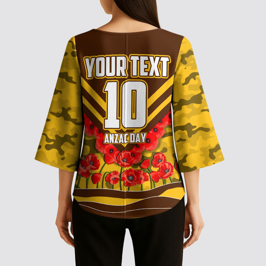 Personalised Hawthorn Hawks ANZAC Kimono Sleeve Blouse Military Remembrance Australian Football Mascot Camouflage