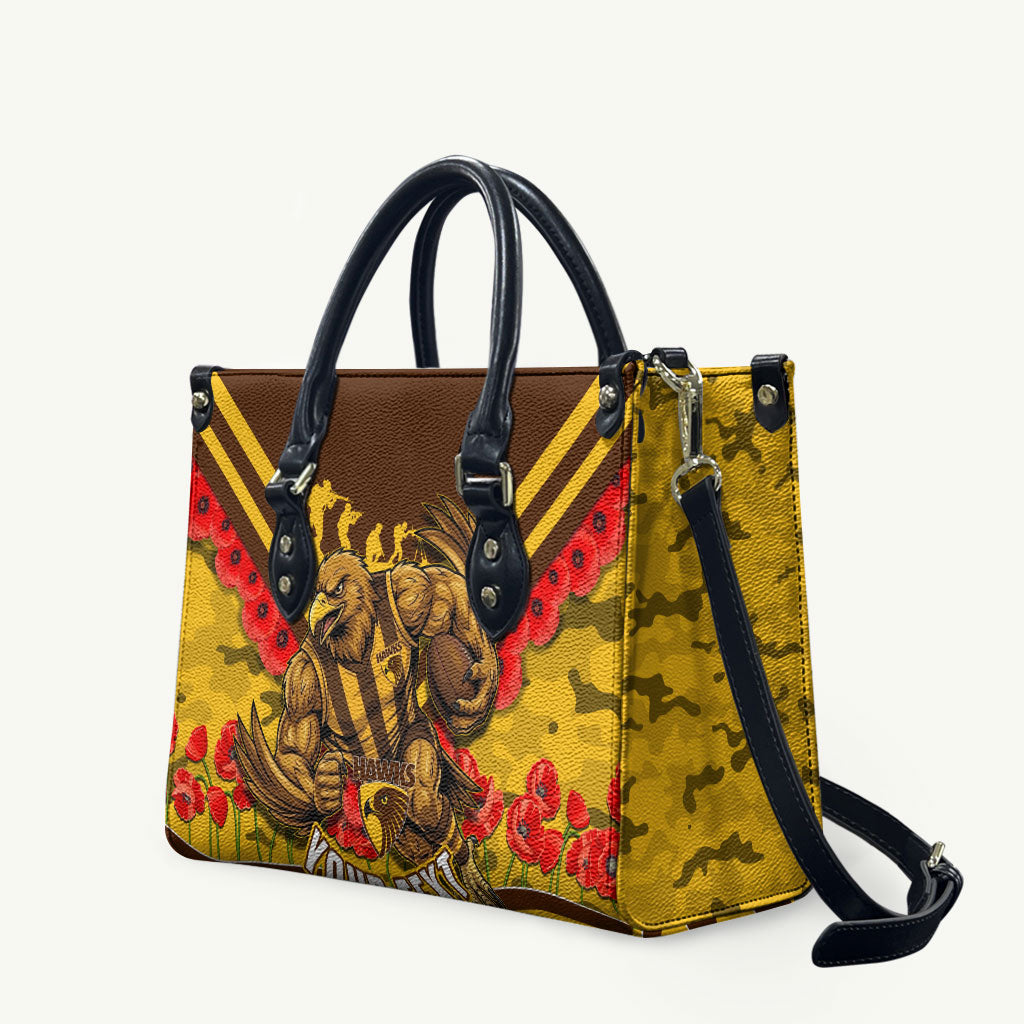 Personalised Hawthorn Hawks ANZAC Leather Bag Military Remembrance Australian Football Mascot Camouflage