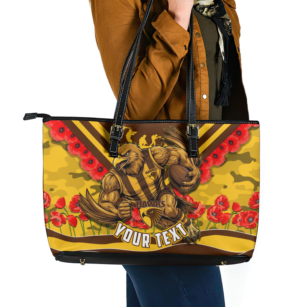 Personalised Hawthorn Hawks ANZAC Leather Tote Bag Military Remembrance Australian Football Mascot Camouflage