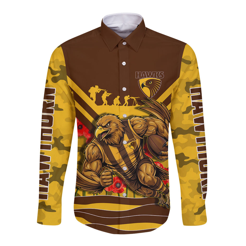 Personalised Hawthorn Hawks ANZAC Long Sleeve Button Shirt Military Remembrance Australian Football Mascot Camouflage