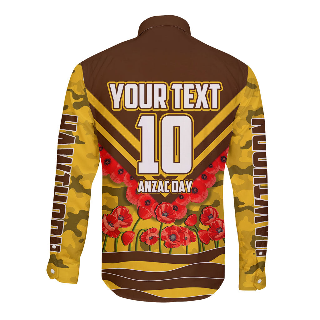 Personalised Hawthorn Hawks ANZAC Long Sleeve Button Shirt Military Remembrance Australian Football Mascot Camouflage