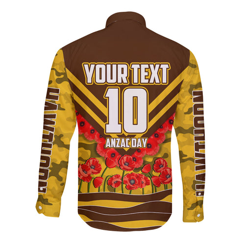 Personalised Hawthorn Hawks ANZAC Long Sleeve Button Shirt Military Remembrance Australian Football Mascot Camouflage
