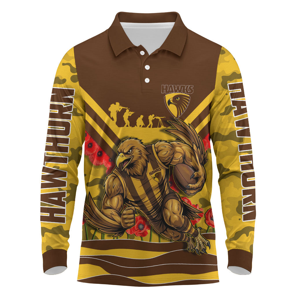 Personalised Hawthorn Hawks ANZAC Long Sleeve Polo Shirt Military Remembrance Australian Football Mascot Camouflage