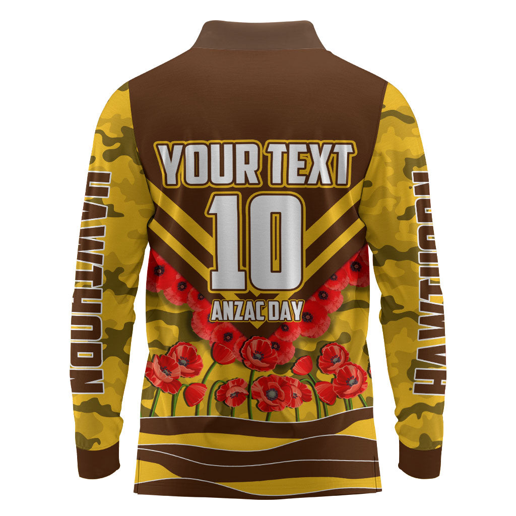 Personalised Hawthorn Hawks ANZAC Long Sleeve Polo Shirt Military Remembrance Australian Football Mascot Camouflage