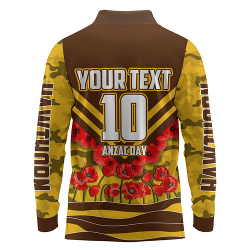 Personalised Hawthorn Hawks ANZAC Long Sleeve Polo Shirt Military Remembrance Australian Football Mascot Camouflage