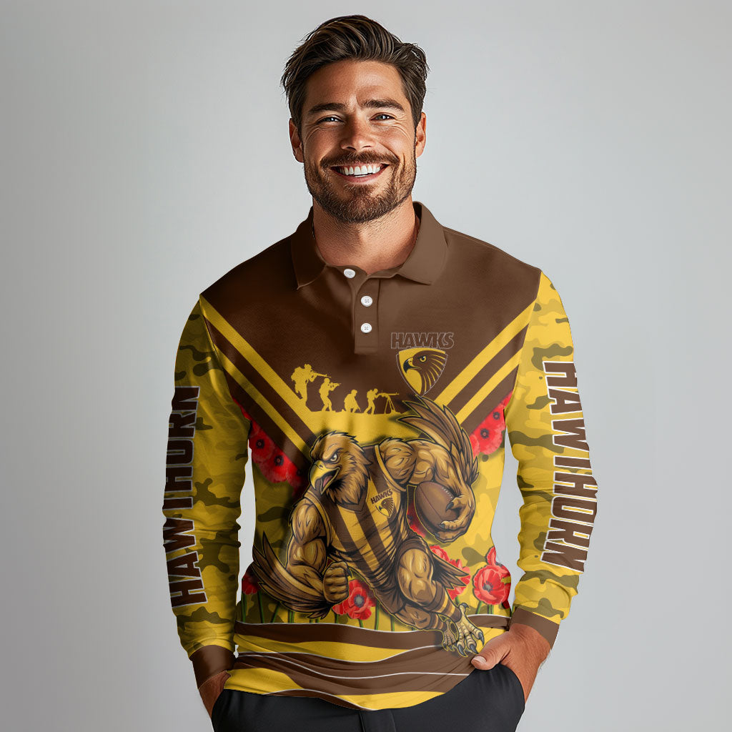 Personalised Hawthorn Hawks ANZAC Long Sleeve Polo Shirt Military Remembrance Australian Football Mascot Camouflage
