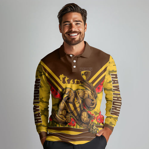 Personalised Hawthorn Hawks ANZAC Long Sleeve Polo Shirt Military Remembrance Australian Football Mascot Camouflage
