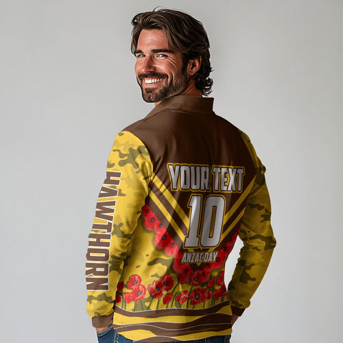 Personalised Hawthorn Hawks ANZAC Long Sleeve Polo Shirt Military Remembrance Australian Football Mascot Camouflage