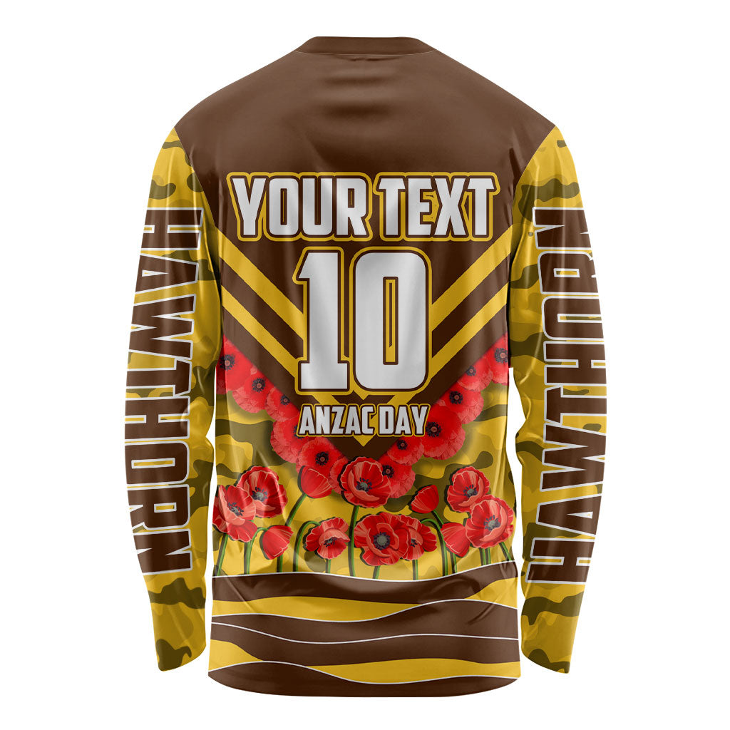 Personalised Hawthorn Hawks ANZAC Long Sleeve Shirt Military Remembrance Australian Football Mascot Camouflage