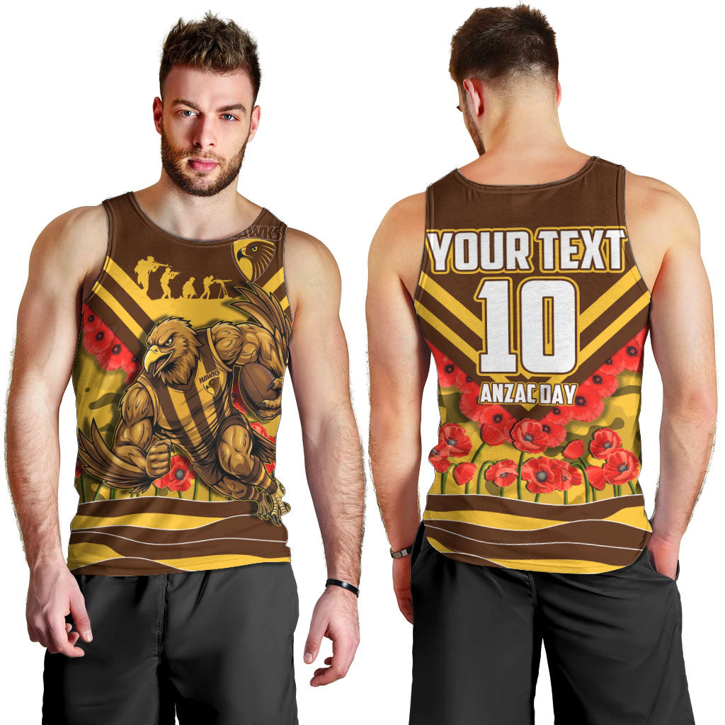Personalised Hawthorn Hawks ANZAC Men Tank Top Military Remembrance Australian Football Mascot Camouflage
