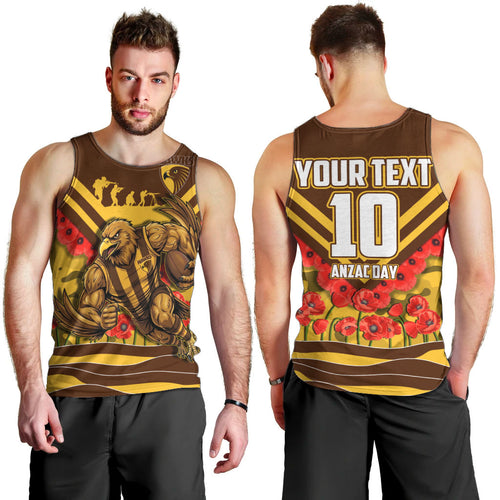 Personalised Hawthorn Hawks ANZAC Men Tank Top Military Remembrance Australian Football Mascot Camouflage