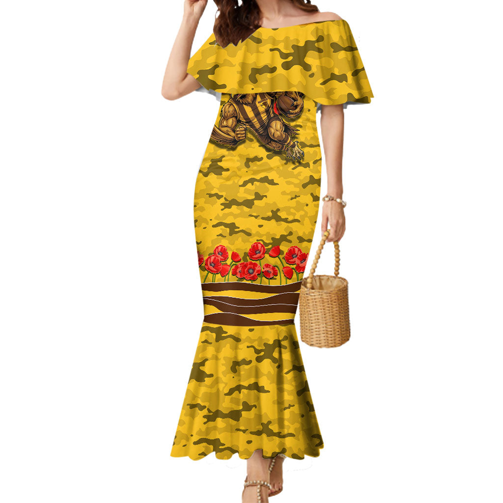 Personalised Hawthorn Hawks ANZAC Mermaid Dress Military Remembrance Australian Football Mascot Camouflage