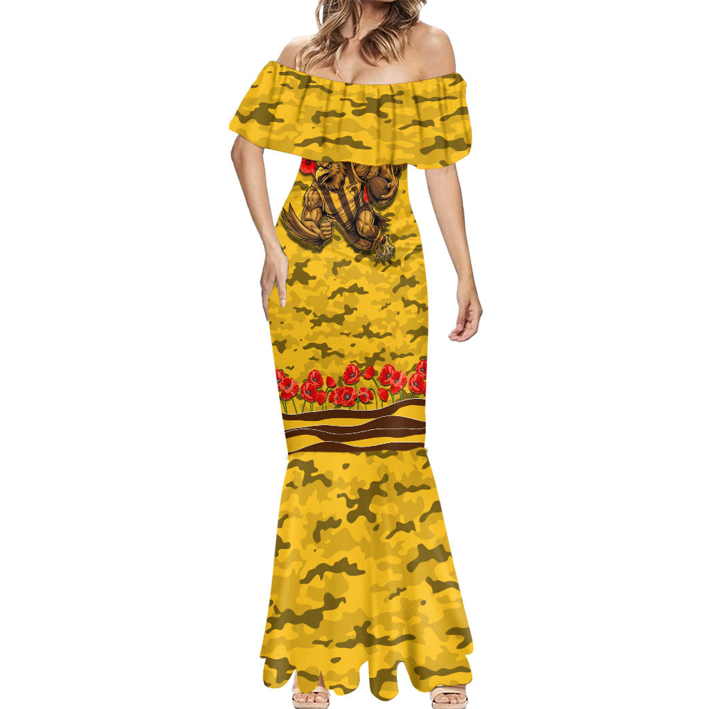 Personalised Hawthorn Hawks ANZAC Mermaid Dress Military Remembrance Australian Football Mascot Camouflage