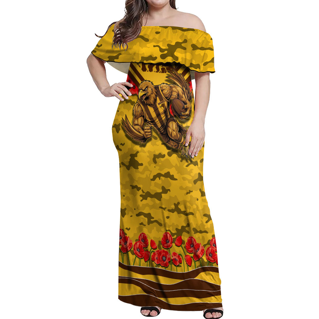 Personalised Hawthorn Hawks ANZAC Off Shoulder Maxi Dress Military Remembrance Australian Football Mascot Camouflage
