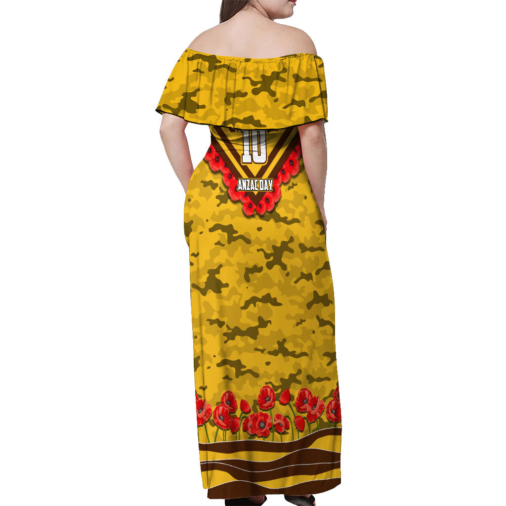 Personalised Hawthorn Hawks ANZAC Off Shoulder Maxi Dress Military Remembrance Australian Football Mascot Camouflage