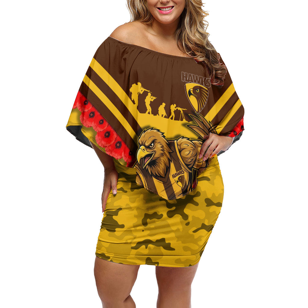 Personalised Hawthorn Hawks ANZAC Off Shoulder Short Dress Military Remembrance Australian Football Mascot Camouflage