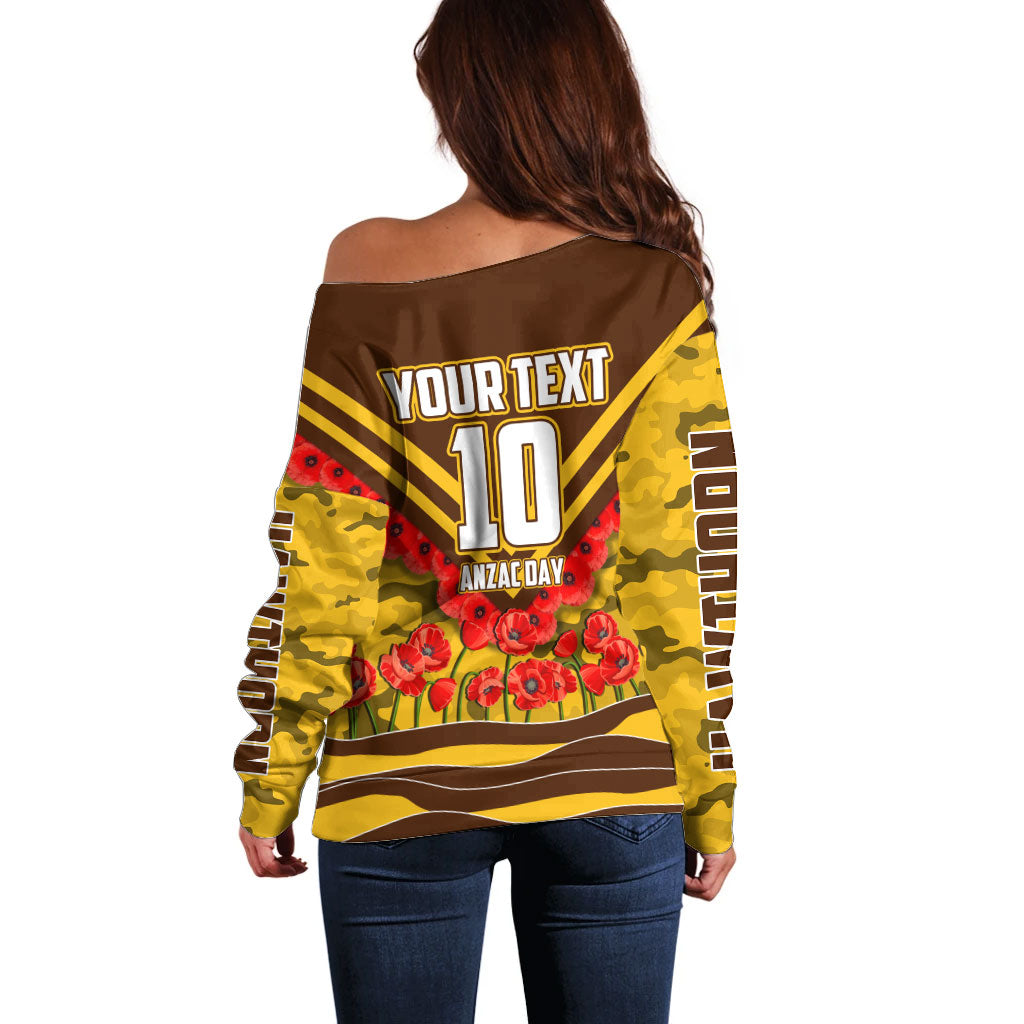 Personalised Hawthorn Hawks ANZAC Off Shoulder Sweater Military Remembrance Australian Football Mascot Camouflage