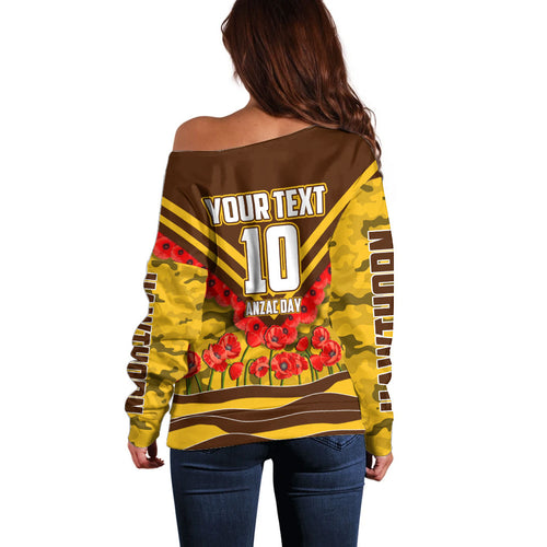 Personalised Hawthorn Hawks ANZAC Off Shoulder Sweater Military Remembrance Australian Football Mascot Camouflage