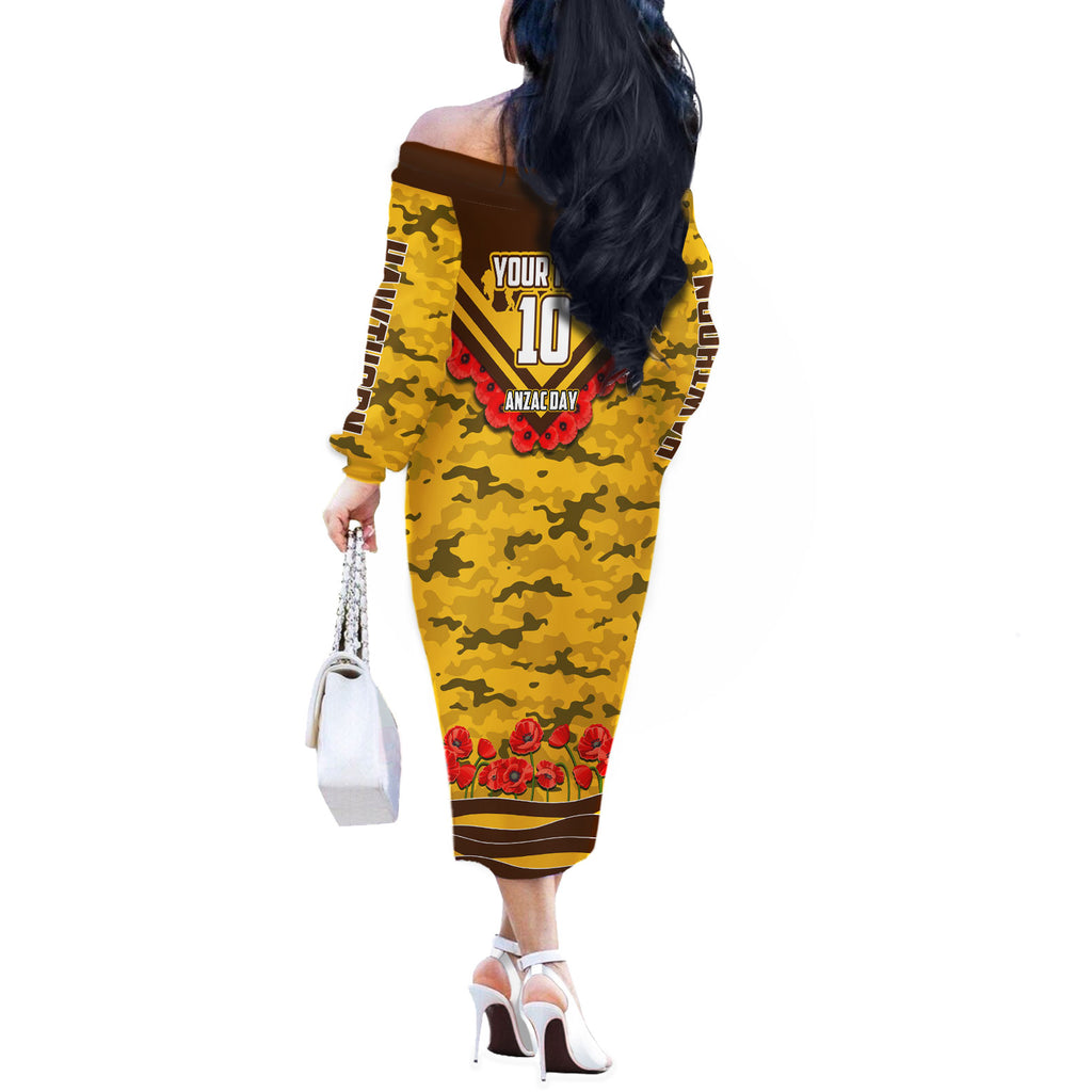 Personalised Hawthorn Hawks ANZAC Off The Shoulder Long Sleeve Dress Military Remembrance Australian Football Mascot Camouflage