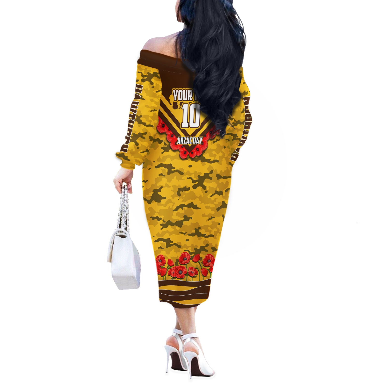 Personalised Hawthorn Hawks ANZAC Off The Shoulder Long Sleeve Dress Military Remembrance Australian Football Mascot Camouflage