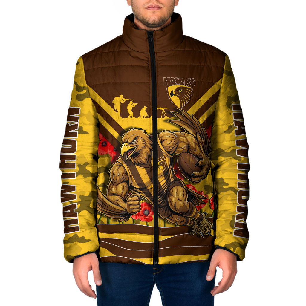 Personalised Hawthorn Hawks ANZAC Padded Jacket Military Remembrance Australian Football Mascot Camouflage