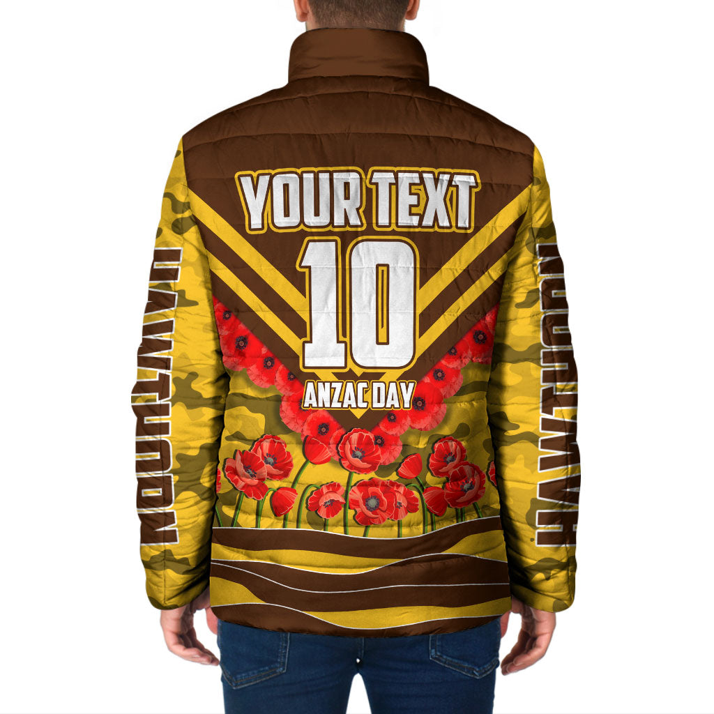 Personalised Hawthorn Hawks ANZAC Padded Jacket Military Remembrance Australian Football Mascot Camouflage