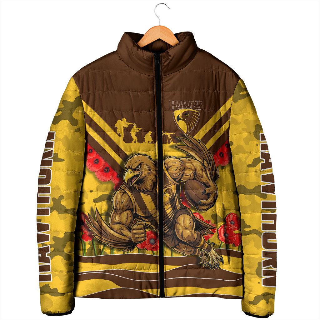 Personalised Hawthorn Hawks ANZAC Padded Jacket Military Remembrance Australian Football Mascot Camouflage