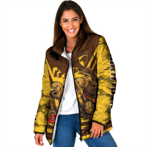 Personalised Hawthorn Hawks ANZAC Padded Jacket Military Remembrance Australian Football Mascot Camouflage