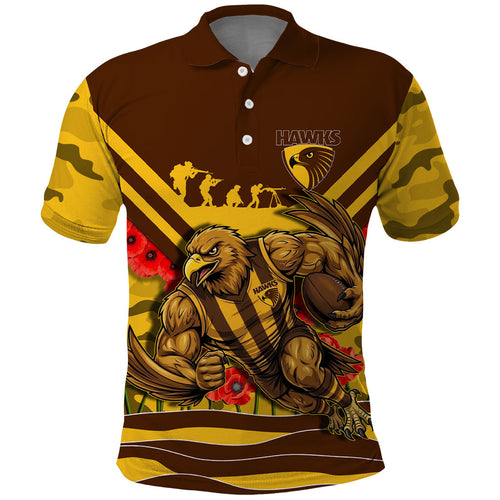 Personalised Hawthorn Hawks ANZAC Polo Shirt Military Remembrance Australian Football Mascot Camouflage