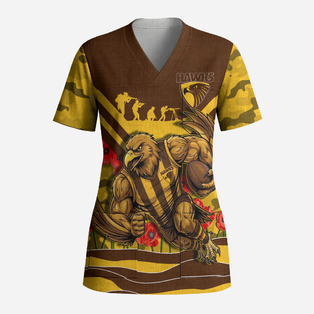 Personalised Hawthorn Hawks ANZAC Scrub Top Military Remembrance Australian Football Mascot Camouflage