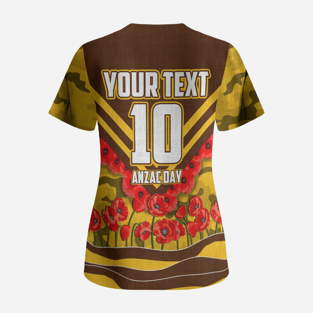 Personalised Hawthorn Hawks ANZAC Scrub Top Military Remembrance Australian Football Mascot Camouflage