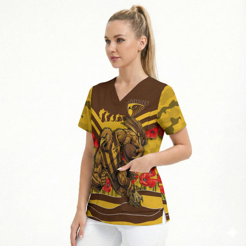 Personalised Hawthorn Hawks ANZAC Scrub Top Military Remembrance Australian Football Mascot Camouflage