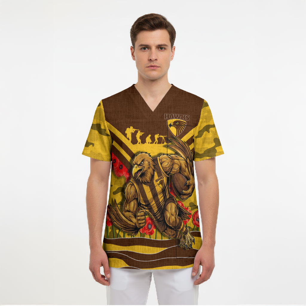 Personalised Hawthorn Hawks ANZAC Scrub Top Military Remembrance Australian Football Mascot Camouflage