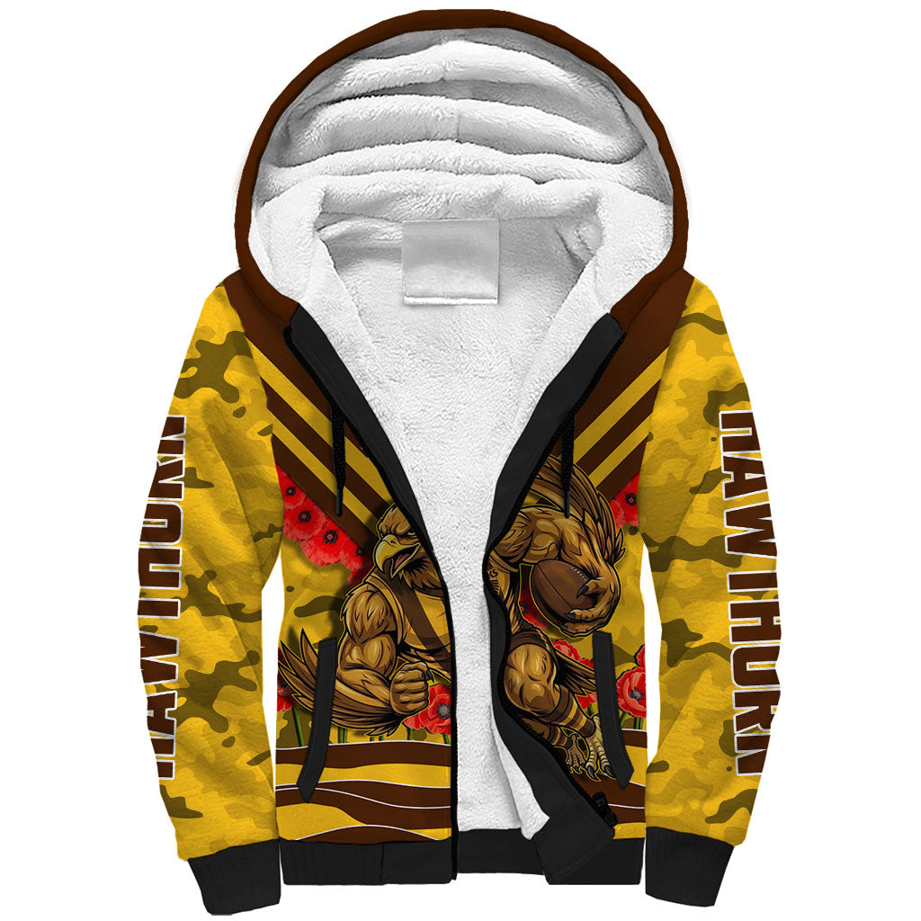 Personalised Hawthorn Hawks ANZAC Sherpa Hoodie Military Remembrance Australian Football Mascot Camouflage