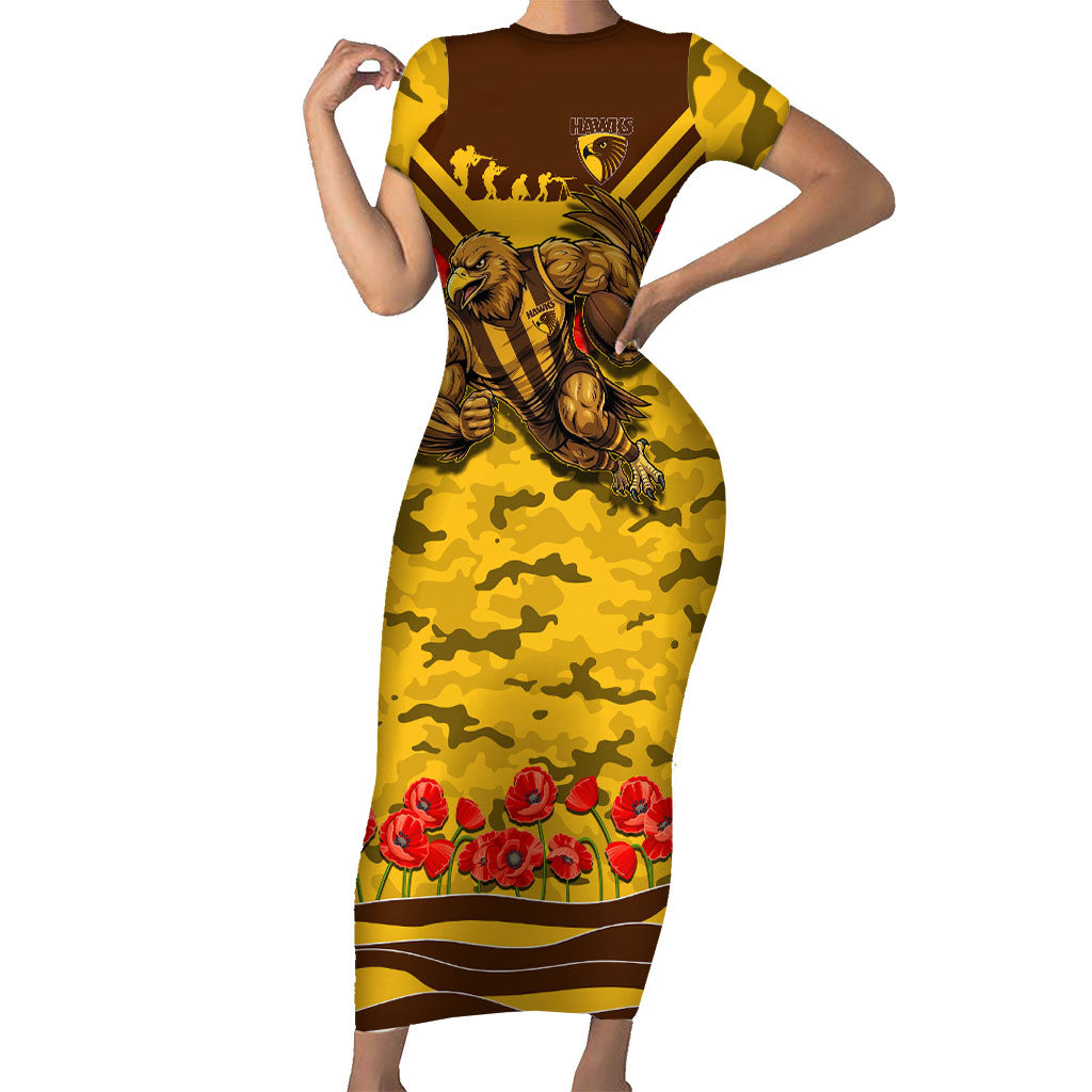Personalised Hawthorn Hawks ANZAC Short Sleeve Bodycon Dress Military Remembrance Australian Football Mascot Camouflage